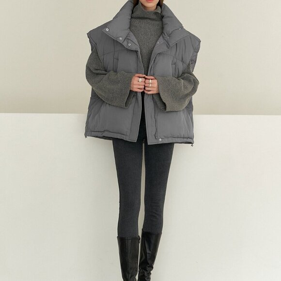 Grey Casual Women's Drawstring Hem Sleeveless Zip Front Puffer Pockets Coat - Picture 5 of 8